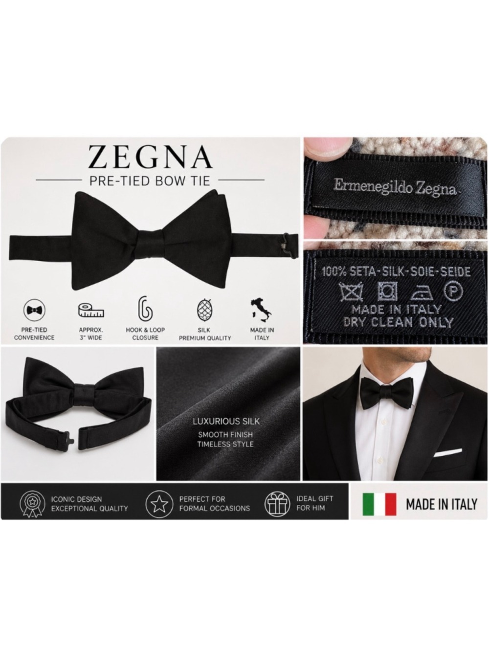 Men's Zegna Ribbed Silk Pre-Tied Bow Tie, One Size, Black New